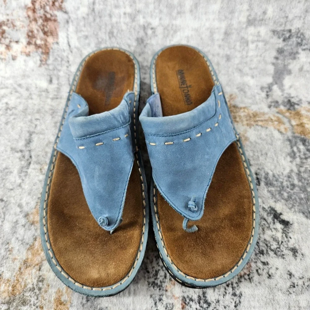 Minnetonka‎ Thong Sandals Womens 10 Platform Blue Leather Whipstitch Boho